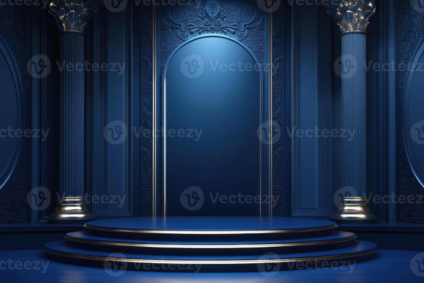 an empty room with blue walls and columns photo