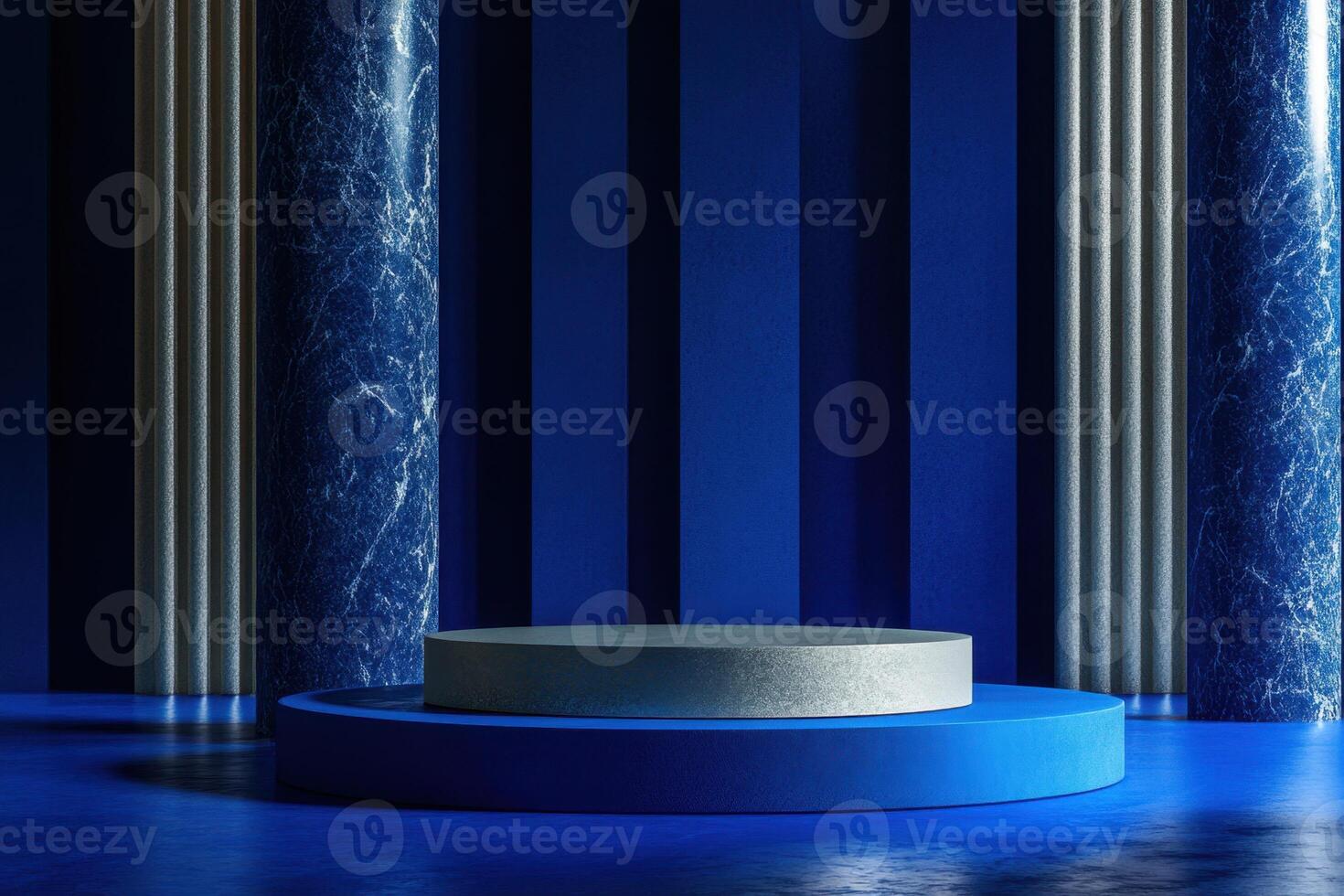 a blue room with columns and a pedestal photo
