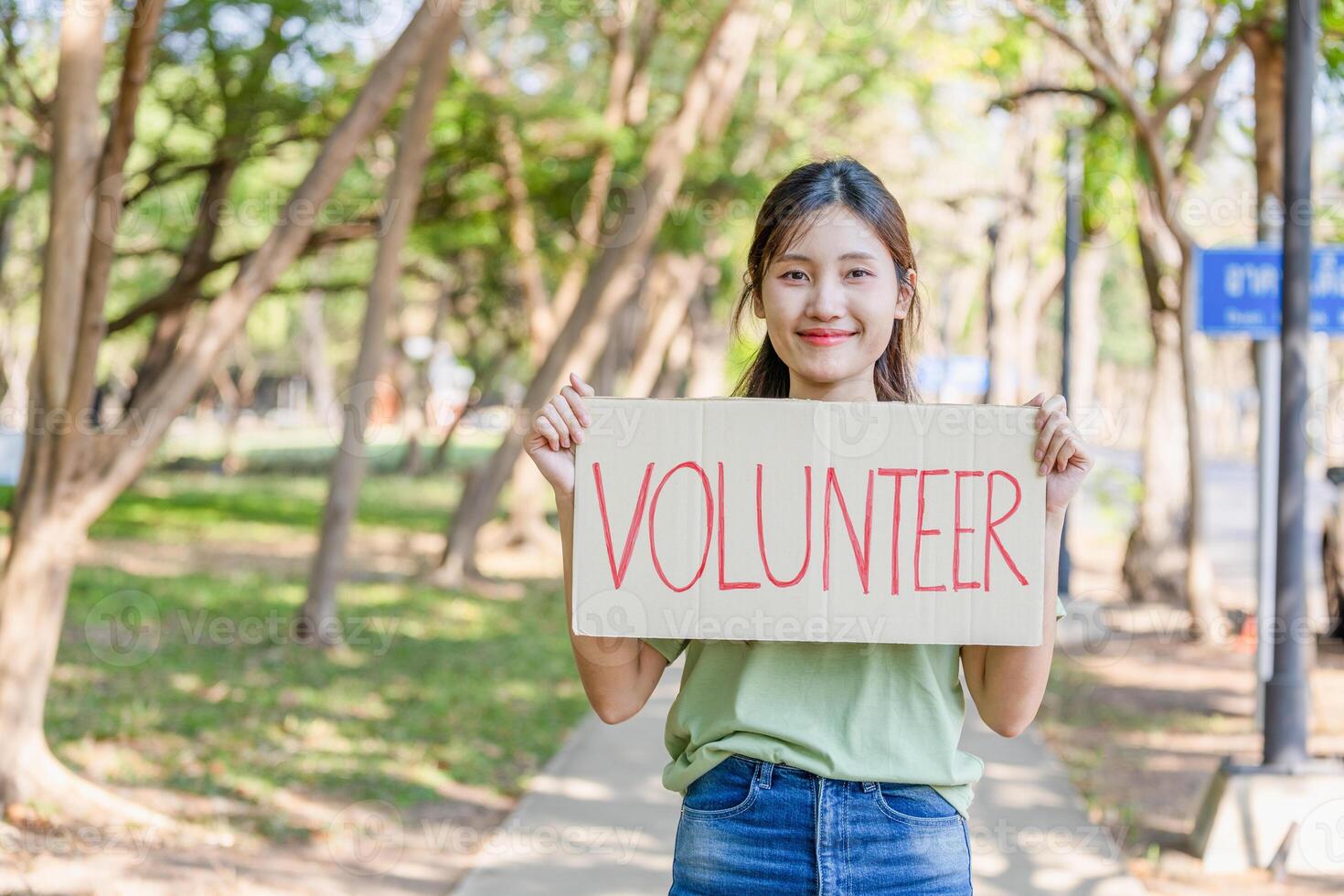 Young Asian Female Volunteers Engaged in Donation Activities Outdoors, Happy Volunteers Helping the Community with Donations photo