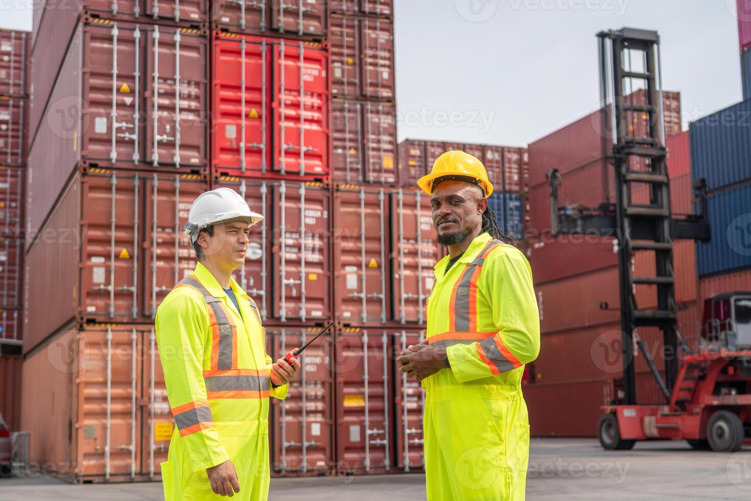 Engineer man Team in Safety Gear at Container Cargo, Foreman Dock Worker Team Inspecting Containers Boxes at Industrial Site photo