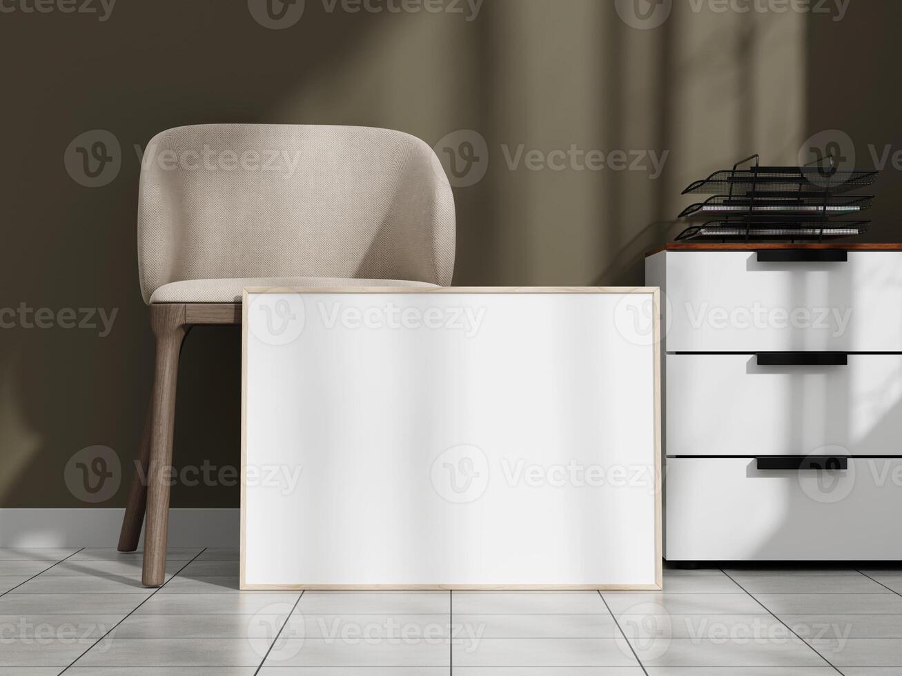 Framed poster mockup with minimalist design on the floor, surrounded by neutral-toned furniture and organized drawers. photo