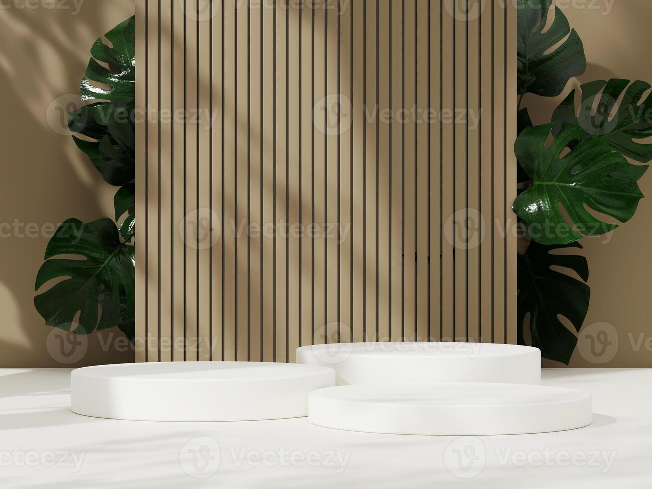 White podiums arranged in a modern layout, surrounded by a beige wall and lush green leaves, creating a stylish setting. photo