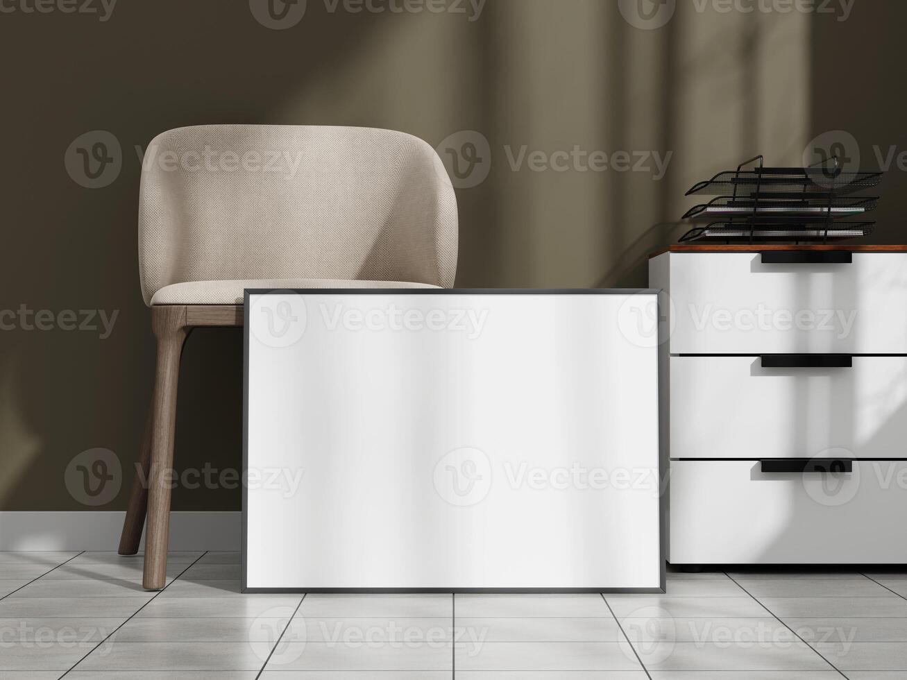 Sleek poster frame mockup positioned on the floor next to a modern beige chair and a stylish desk organizer. photo