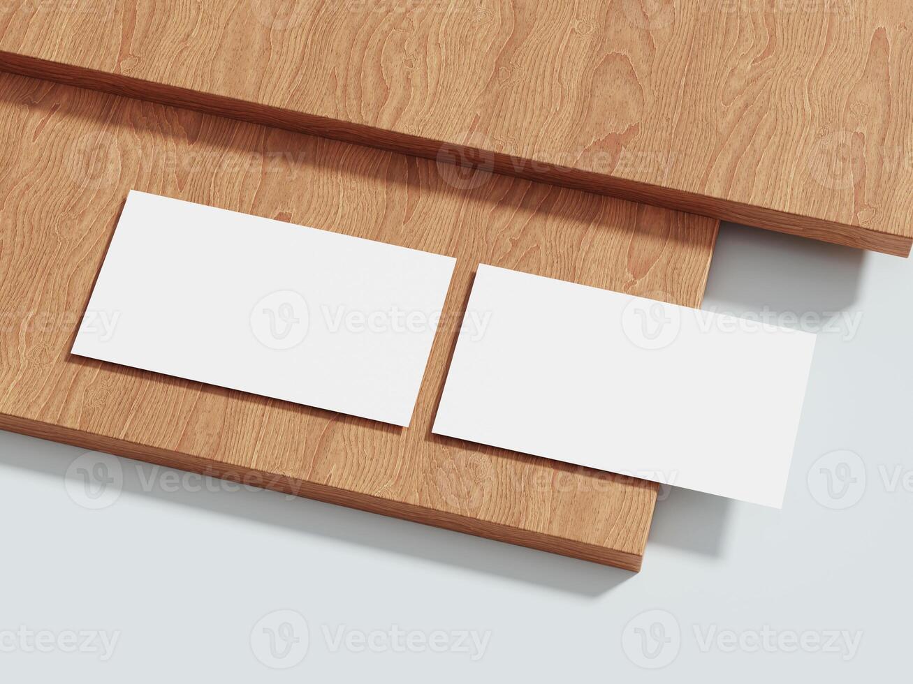 Business card mockup on a wooden background, offering an elegant and professional setting for brand identity presentations. photo