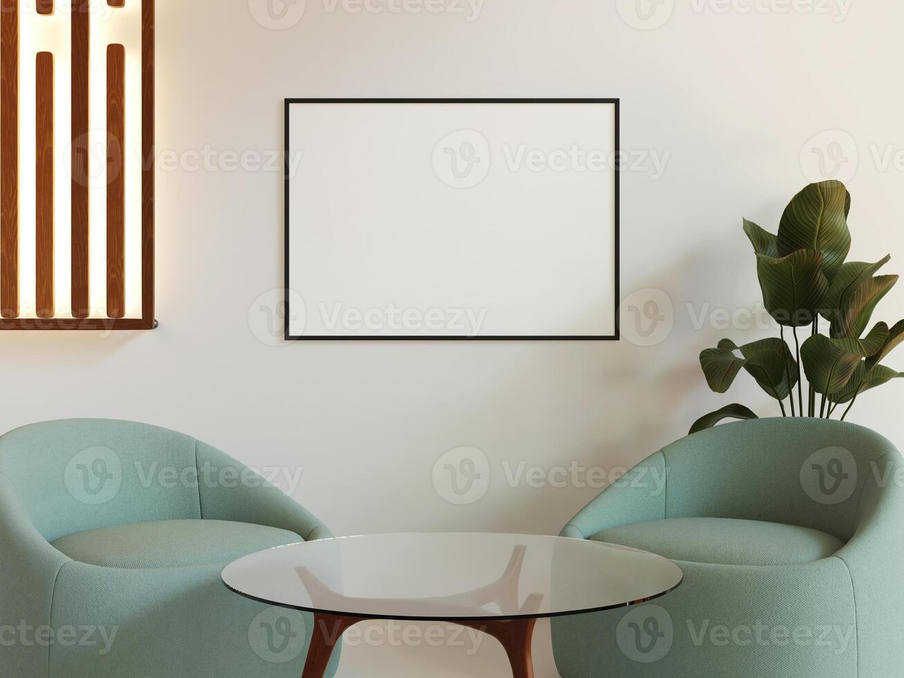 Elegant living room with a blank poster frame on the wall, perfect for adding personalized artwork or design. photo