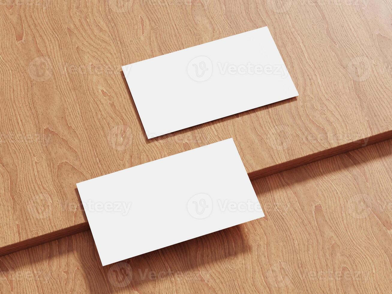 Elegant business card mockup on a wooden background, highlighting the minimalist design, perfect for luxury brand promotions. photo