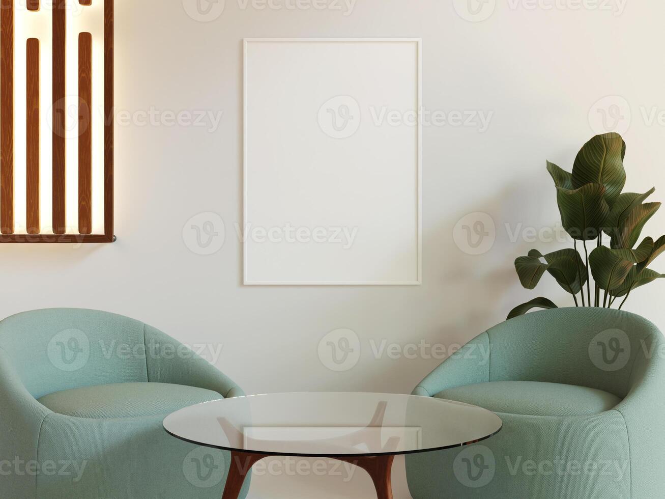 Clean and minimalistic living room setting featuring a white poster frame mockup on the wall, ideal for design presentations. photo