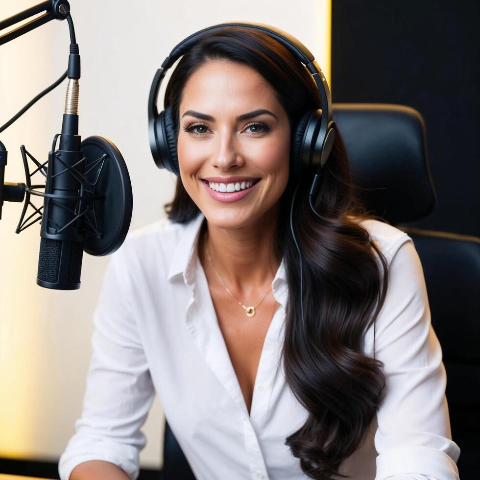 Confident woman podcasting in studio, smiling with headphones and professional microphone on dark background. photo