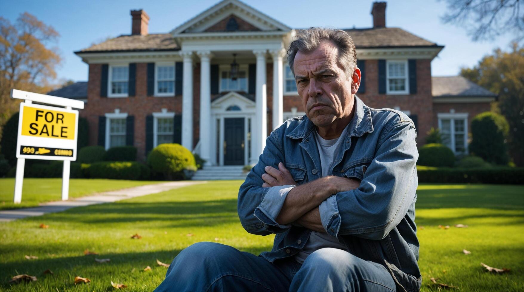 A disillusioned man in a colonial estate for sale, a realistic portrait of midlife stress and property transition. photo