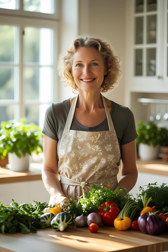 A joyful moment of cooking in a sun-drenched kitchen - fresh vegetables, herbs and warmth with a beige apron. photo
