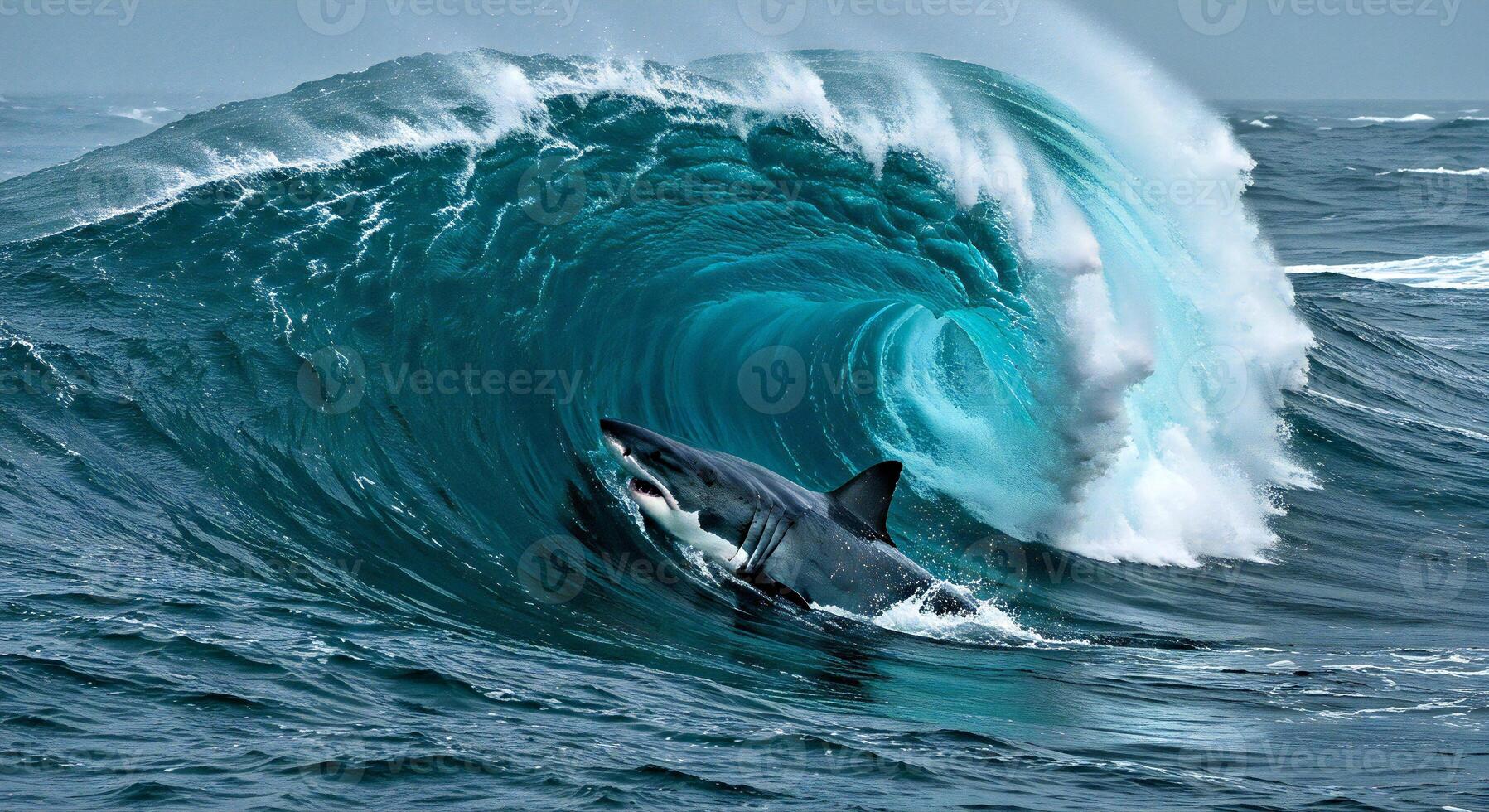 A shark is riding on top of a large wave photo