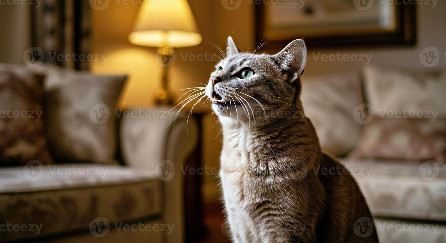 A cat sitting on a couch looking up photo