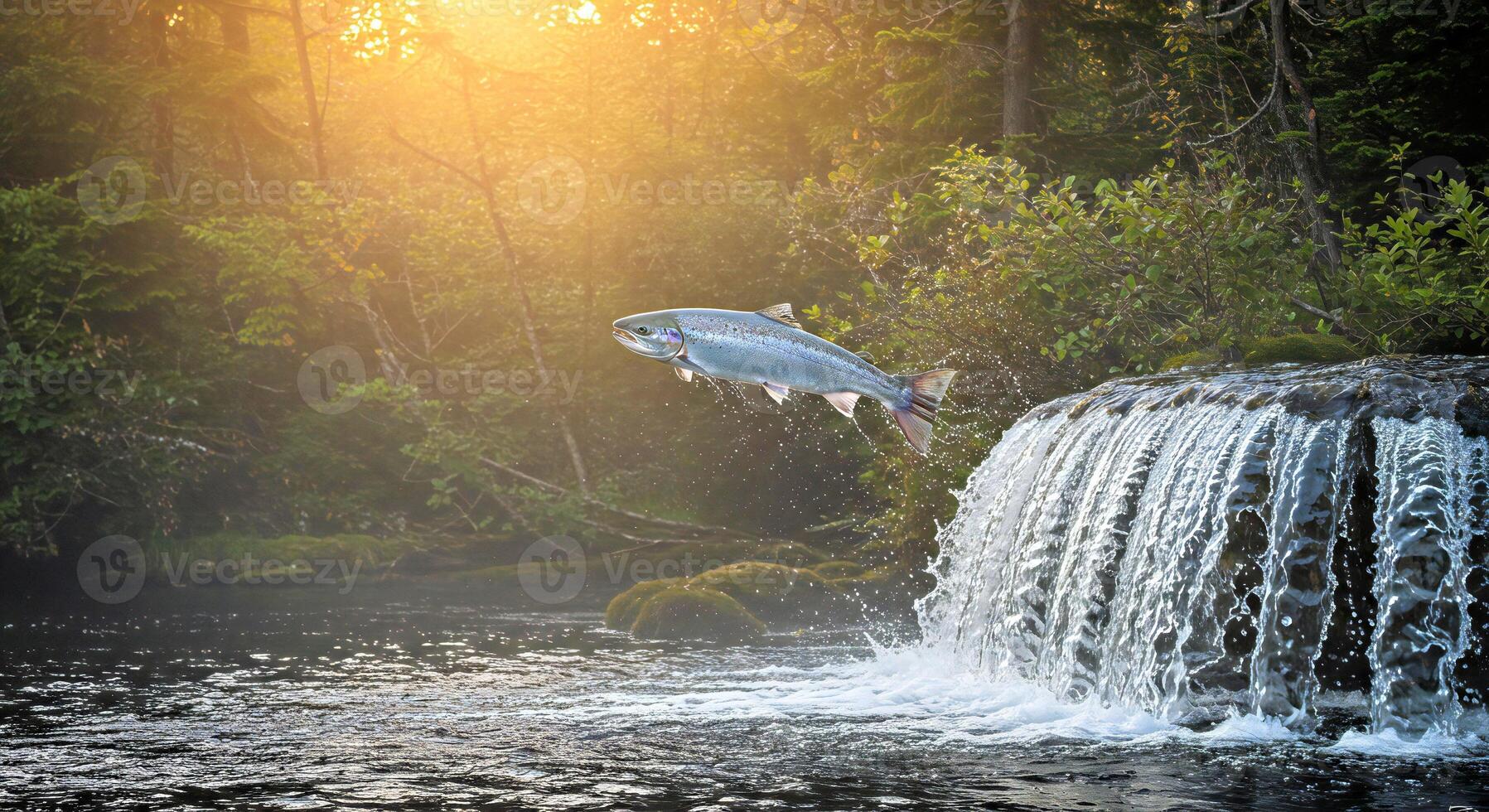 A fish jumping out of the water over a waterfall photo