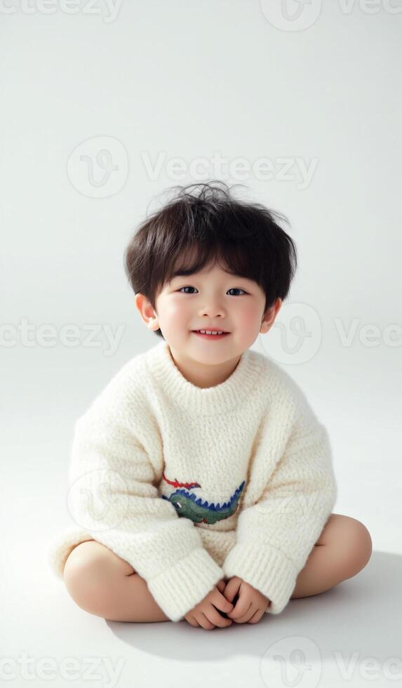 A young boy sitting on the floor wearing a sweater photo