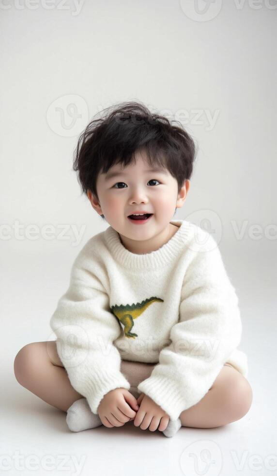 A young boy sitting on the floor wearing a sweater with a dinosaur on it photo
