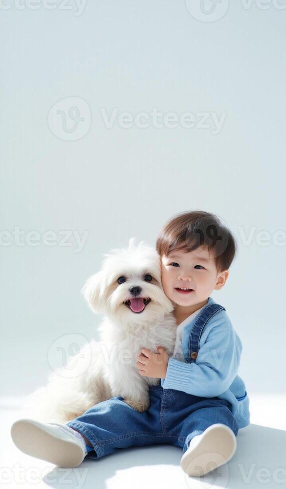 A little boy sitting on the floor with a white dog photo