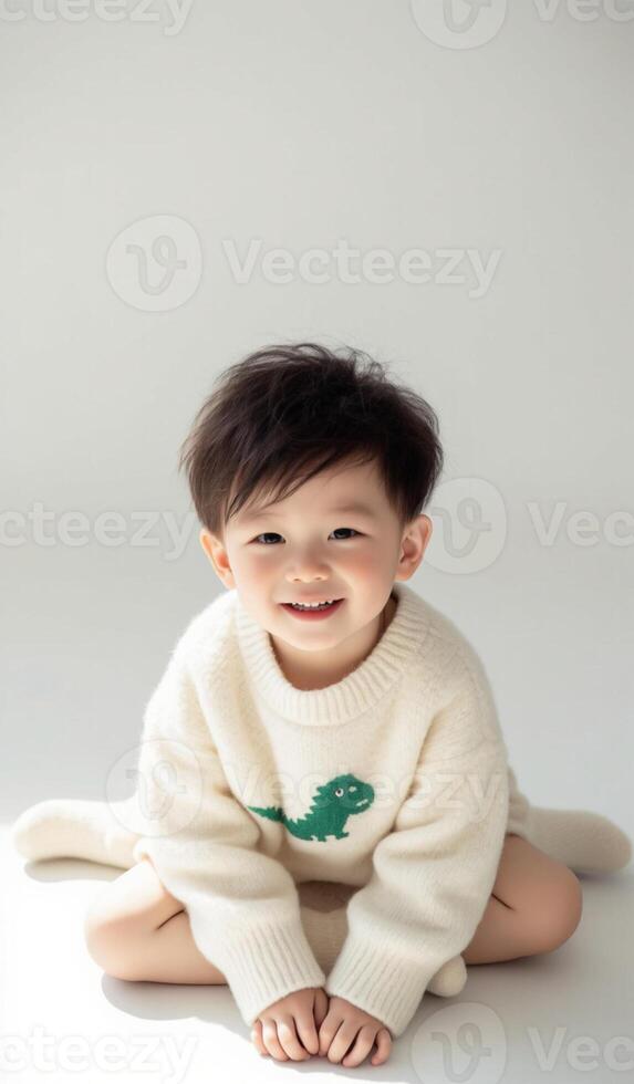 A little boy wearing a sweater with a dinosaur on it photo