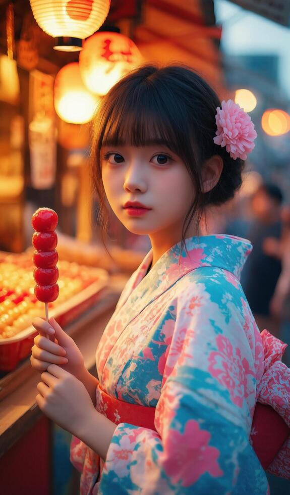 A beautiful young woman in kimono holding a lollipop photo