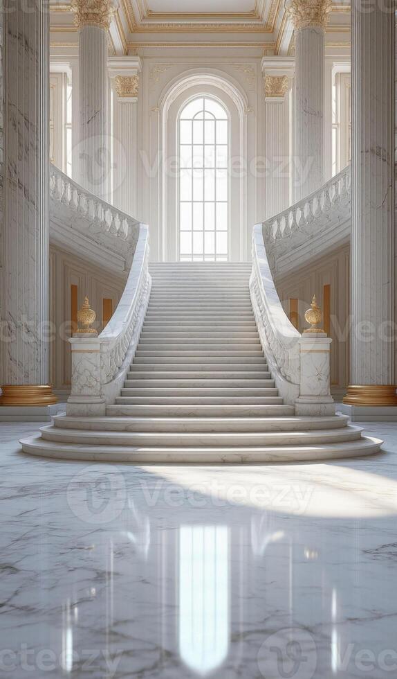 A marble staircase in a large room with columns photo