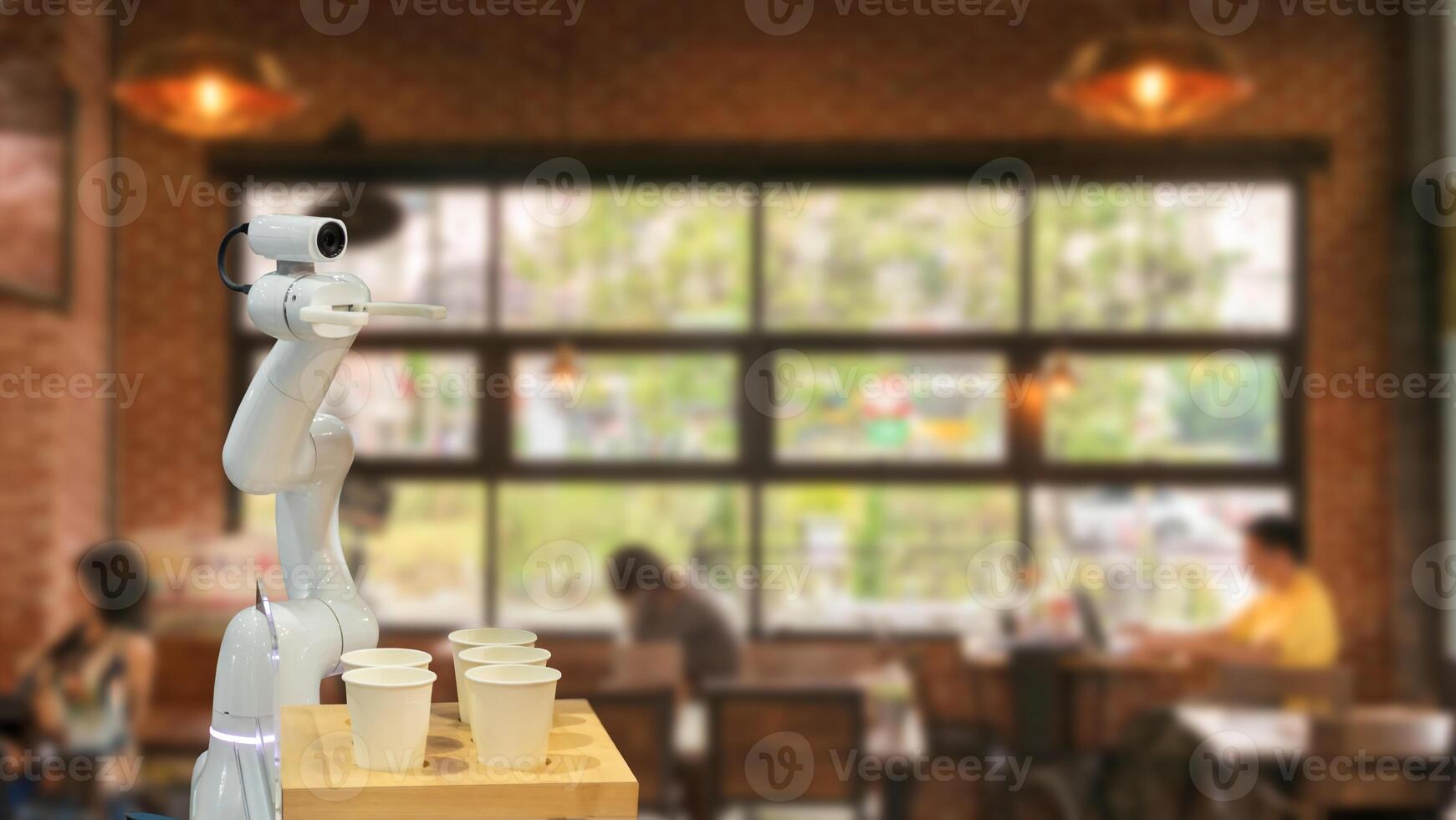 The concept of an AI robot making coffee in a coffee shop photo