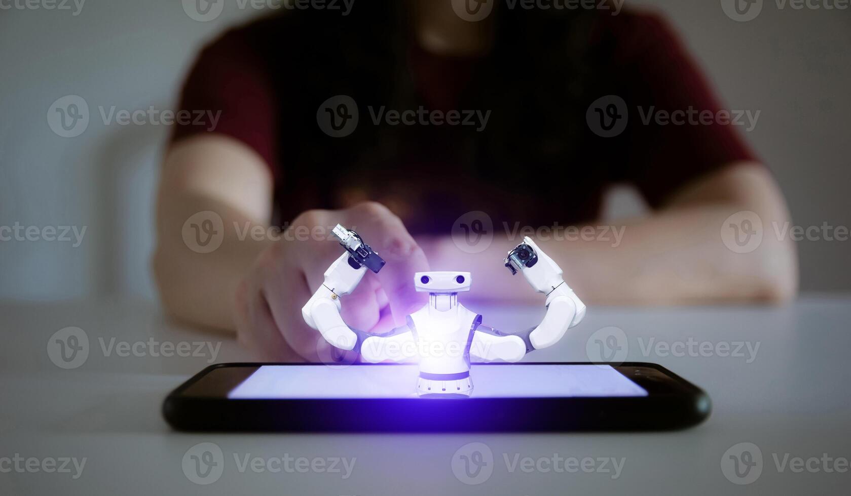 Artificial intelligence robot technology concept human hand touching smartphone photo
