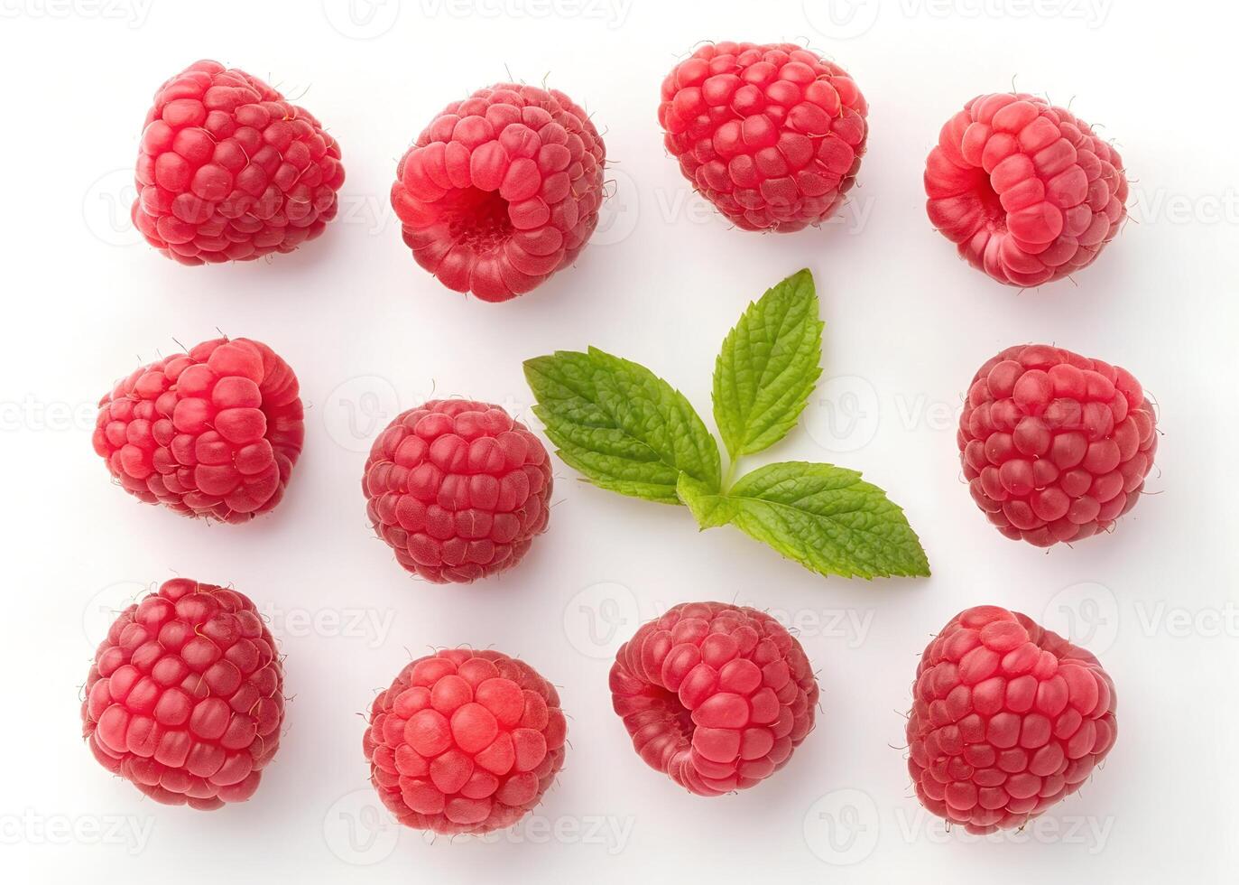 Fresh Ripe Raspberries on White Background, Top View photo