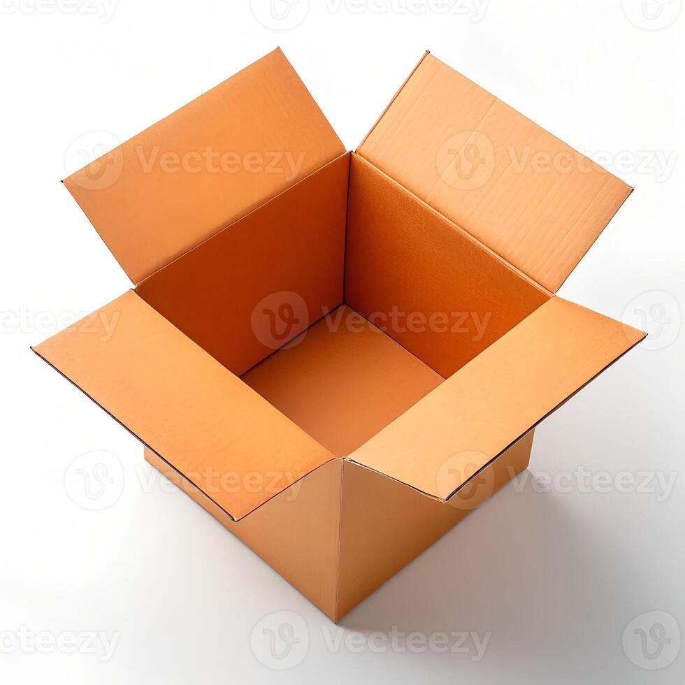 Orange Open Cardboard Box Isolated on White Background - Top View photo