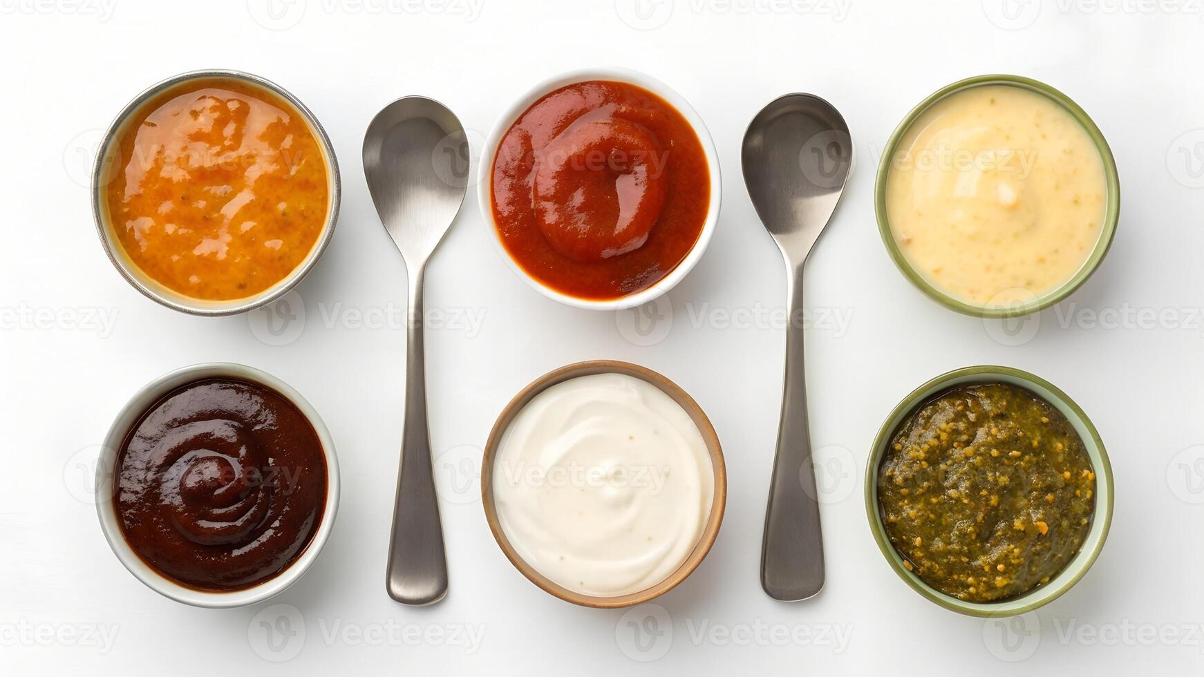 Set of Different Sauces with Spoons Top View photo