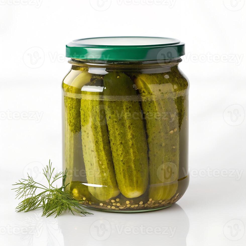 Jar of Pickled Cucumbers Gherkins on White photo