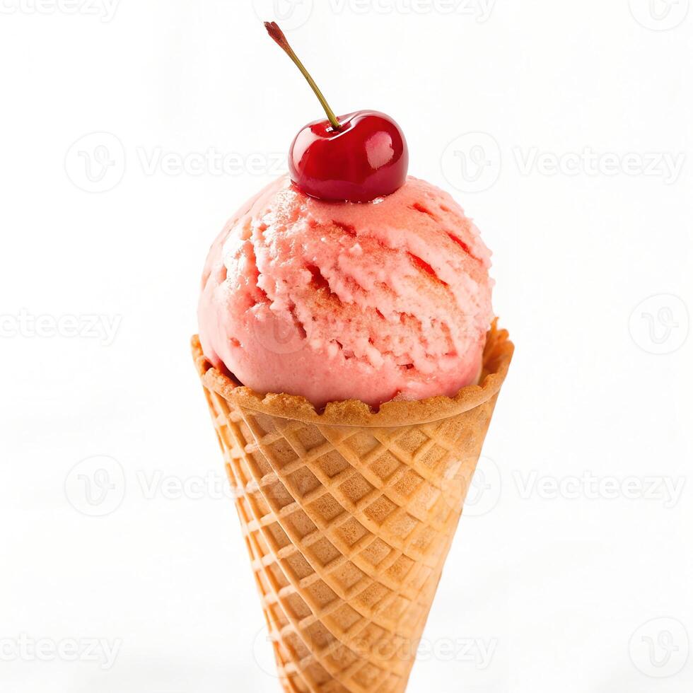 Delicious Red Cherry Ice Cream Isolated on White photo