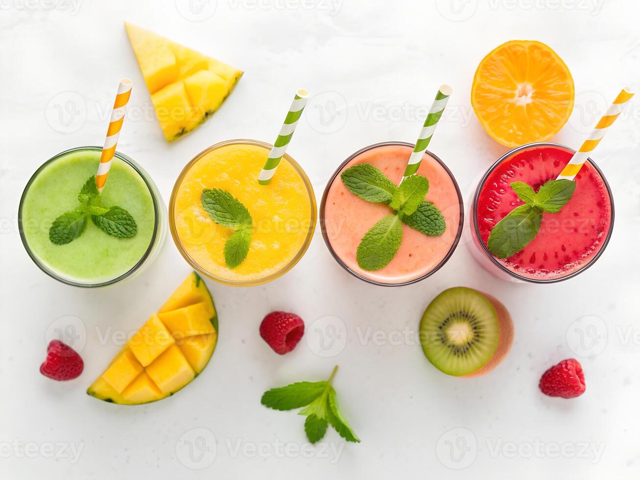Flat Lay of Refreshing Tropical Drinks with Fruits photo