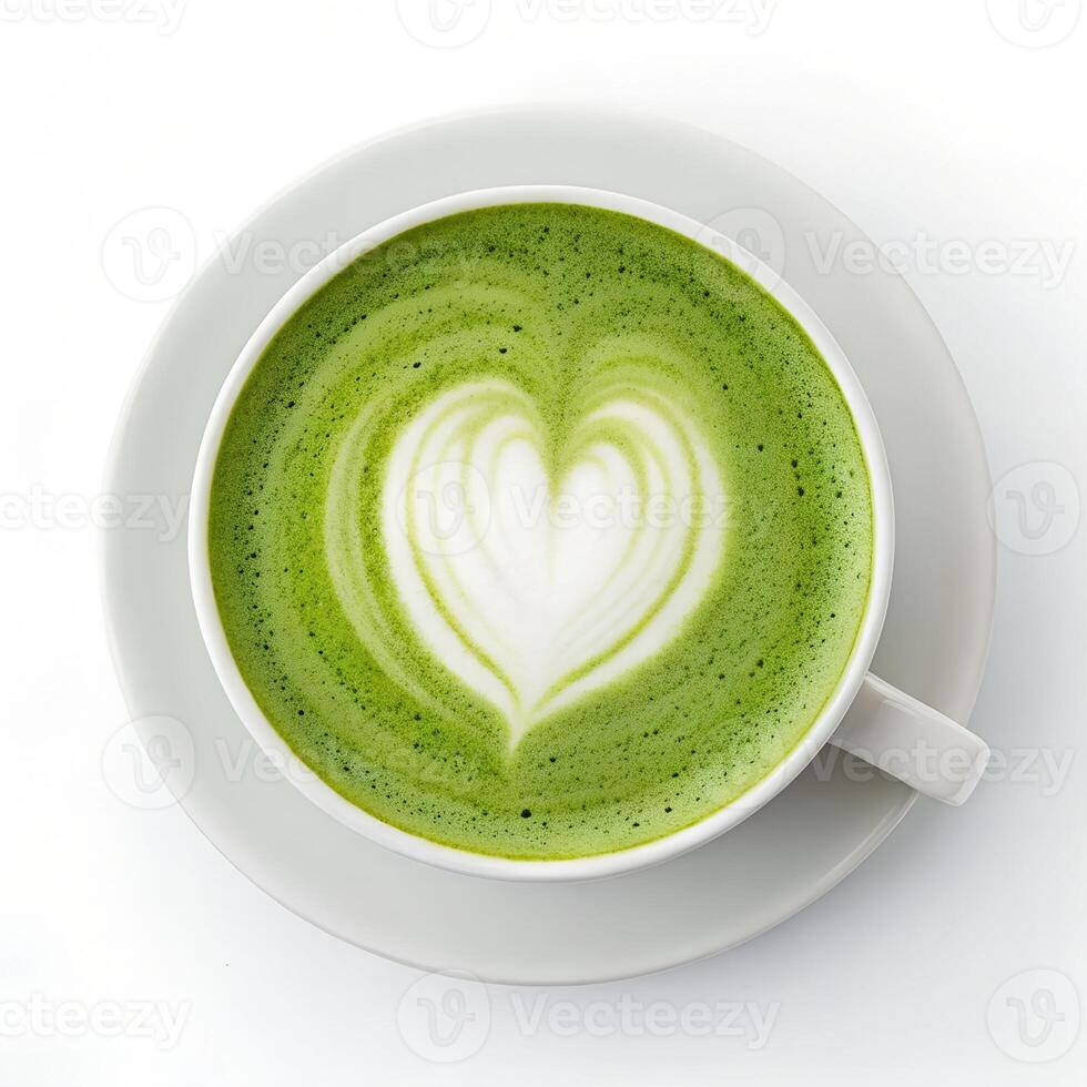 Top View of a Green Matcha Latte with Heart-Shaped Foam Art photo