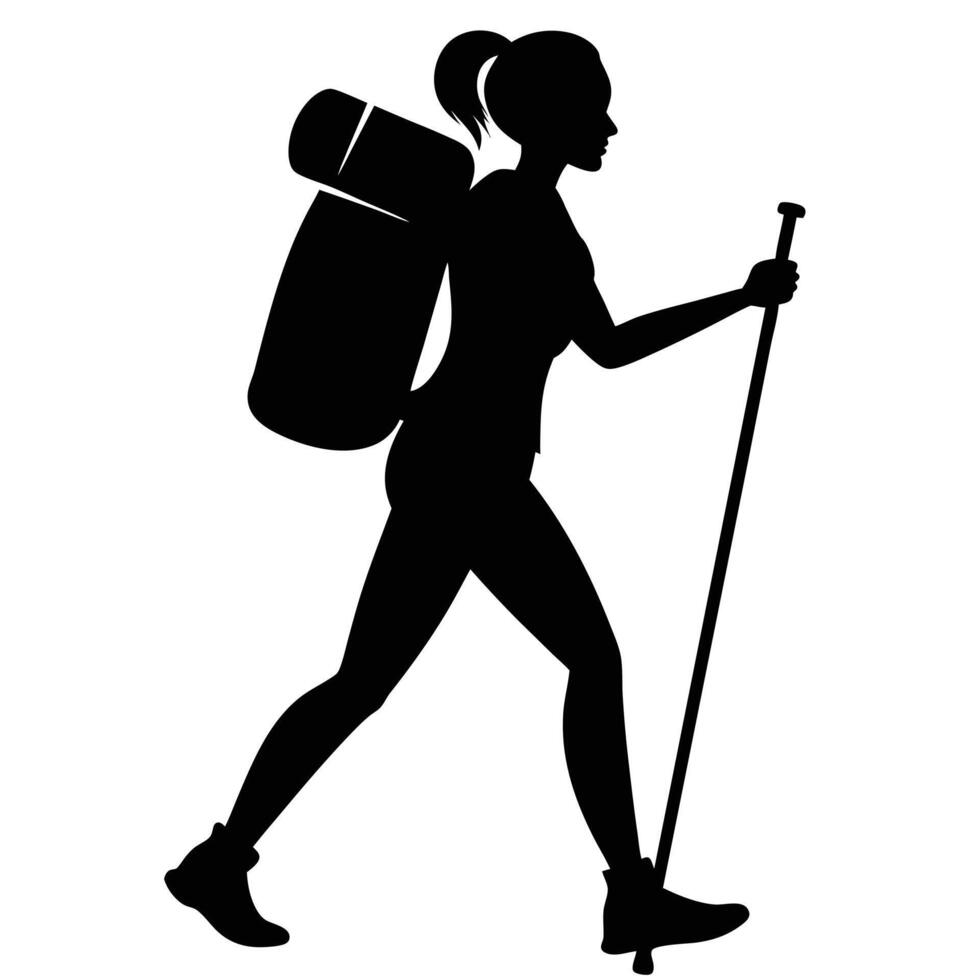 Silhouette illustration of a woman hiking with backpack and trekking pole on white background vector