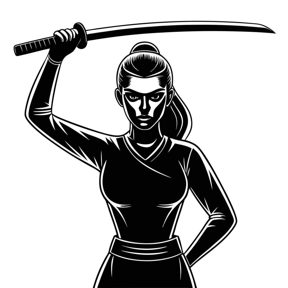 illustration of a female warrior with katana sword in black and white style vector