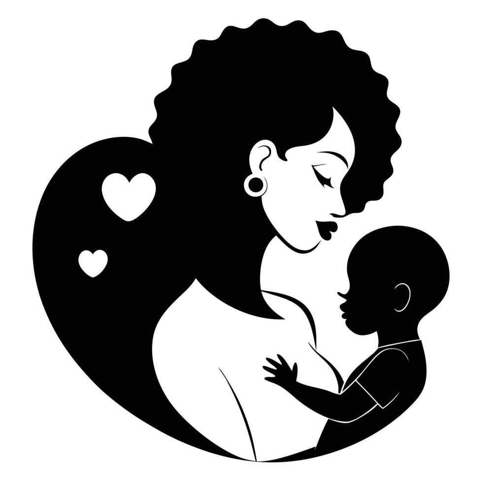 African american mother holding baby silhouette black and white minimalist illustration vector