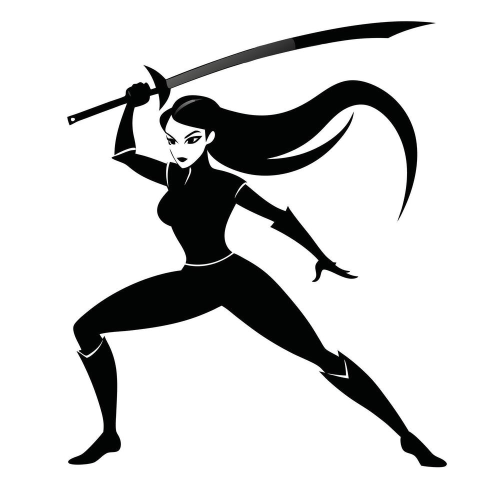 Silhouette of a determined female warrior wielding a sword in striking pose black and white vector