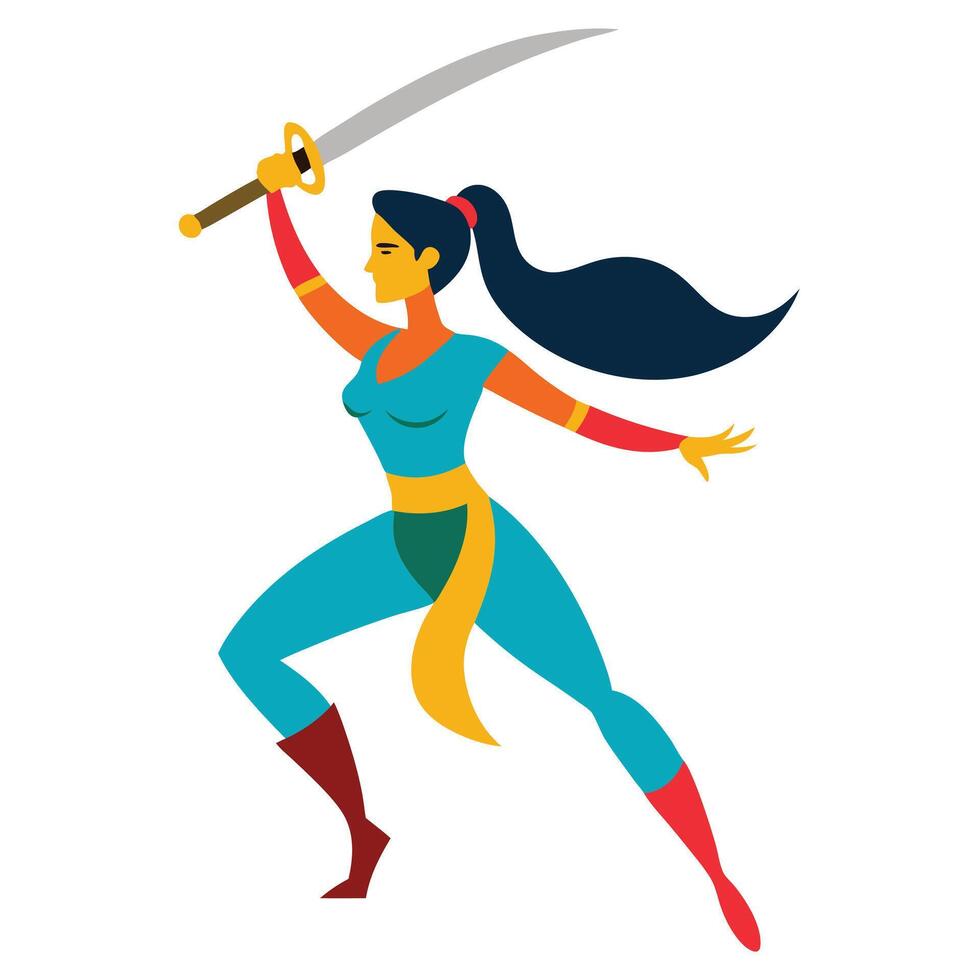 Stylized warrior woman with sword ready to strike in a dynamic fighting pose vector
