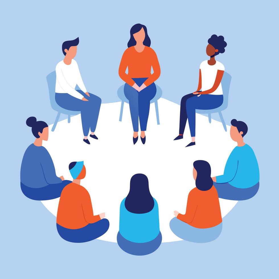 Group therapy session with diverse people sitting in a circle for support vector
