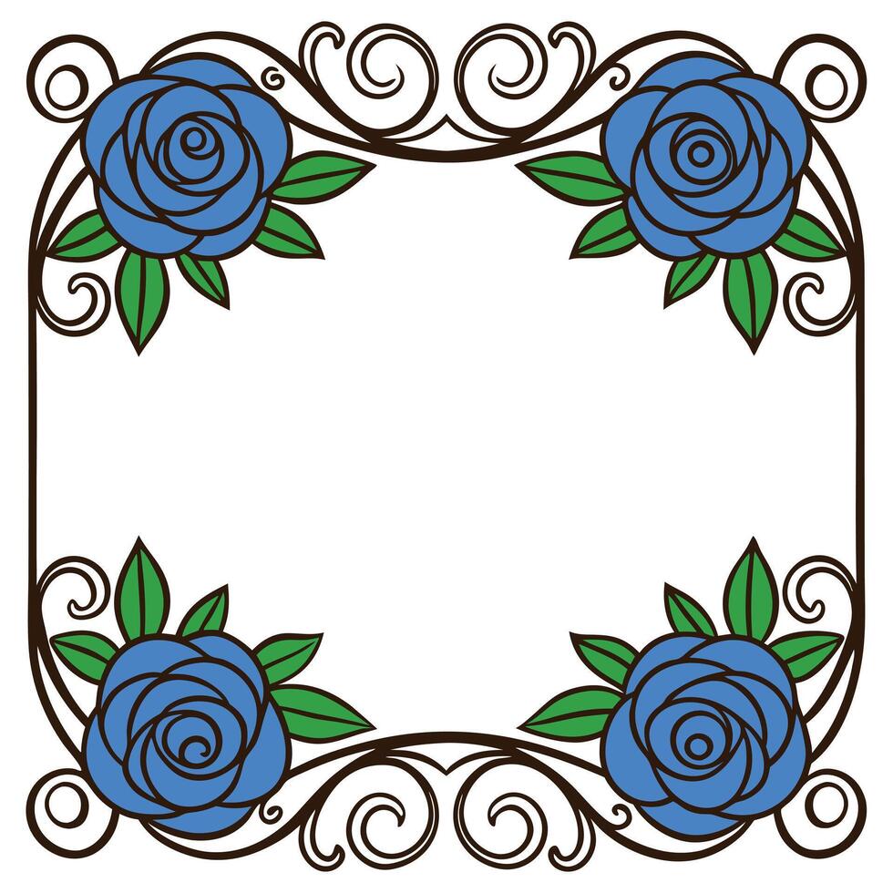 Elegant decorative frame with blue roses and ornate scrollwork for invitations and greetings vector