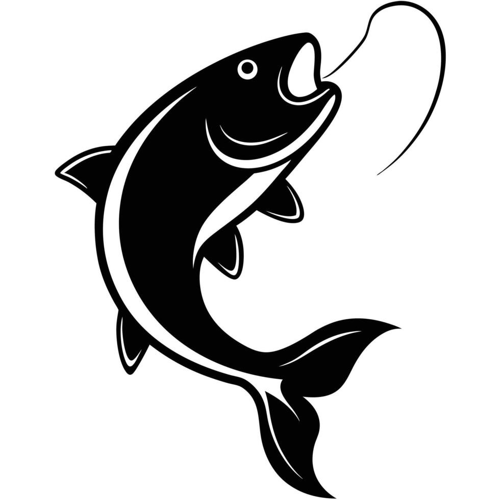 Leaping salmon fish silhouette on a fishing line hook black and white simple design vector