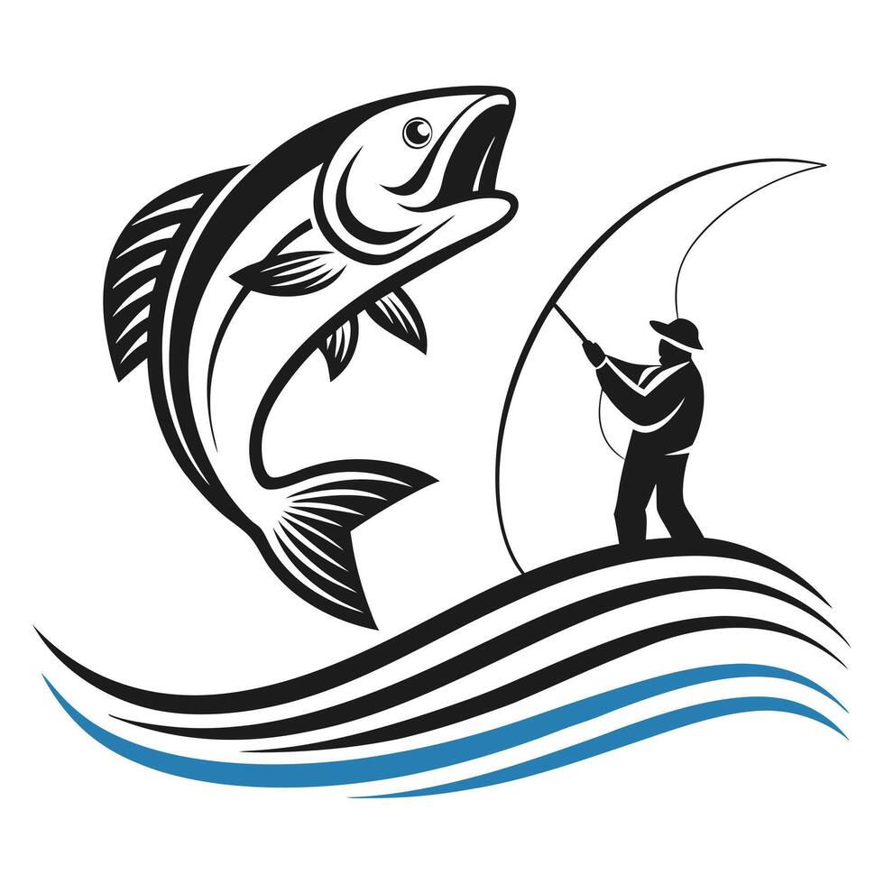 Silhouette illustration of a fisherman catching a leaping fish on wavy water vector