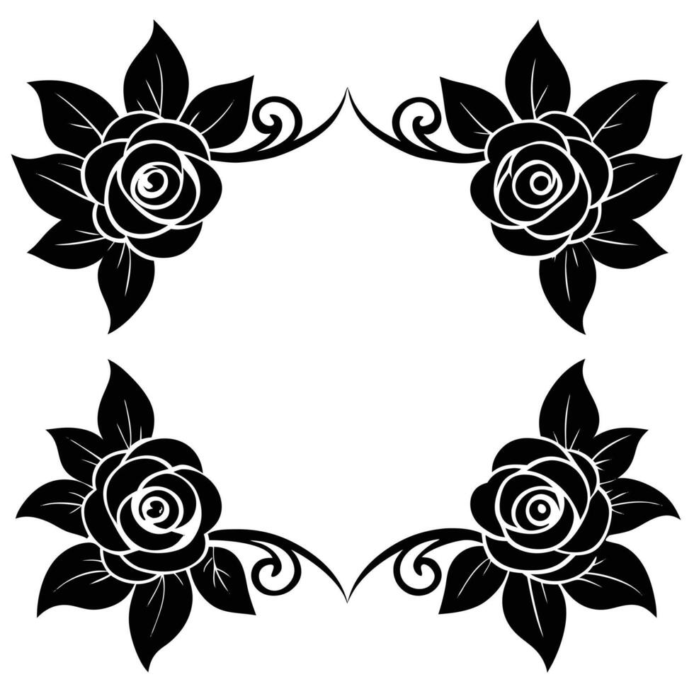 Elegant rose frame design with black flowers and leaves in a symmetrical arrangement vector