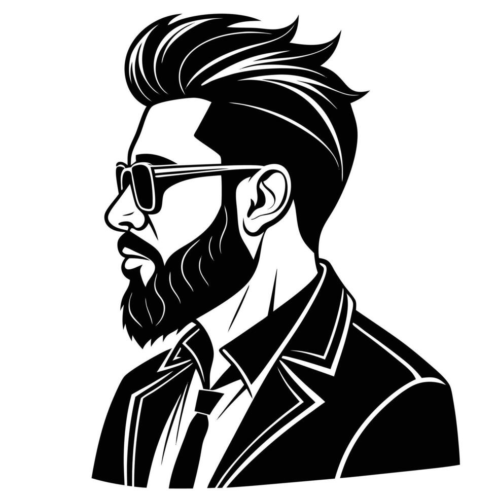 illustration of stylish bearded man in suit wearing glasses black and white vector