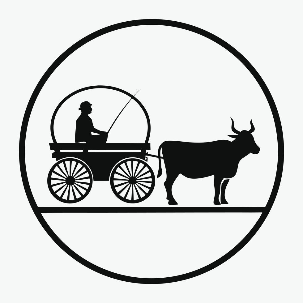 Monochrome silhouette illustration of ox cart with driver in circular frame graphic vector