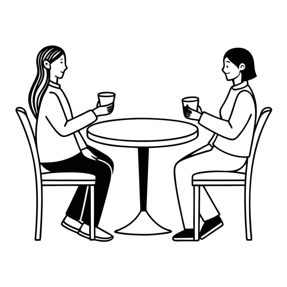 Two women enjoying coffee at a table minimalist line art illustration vector