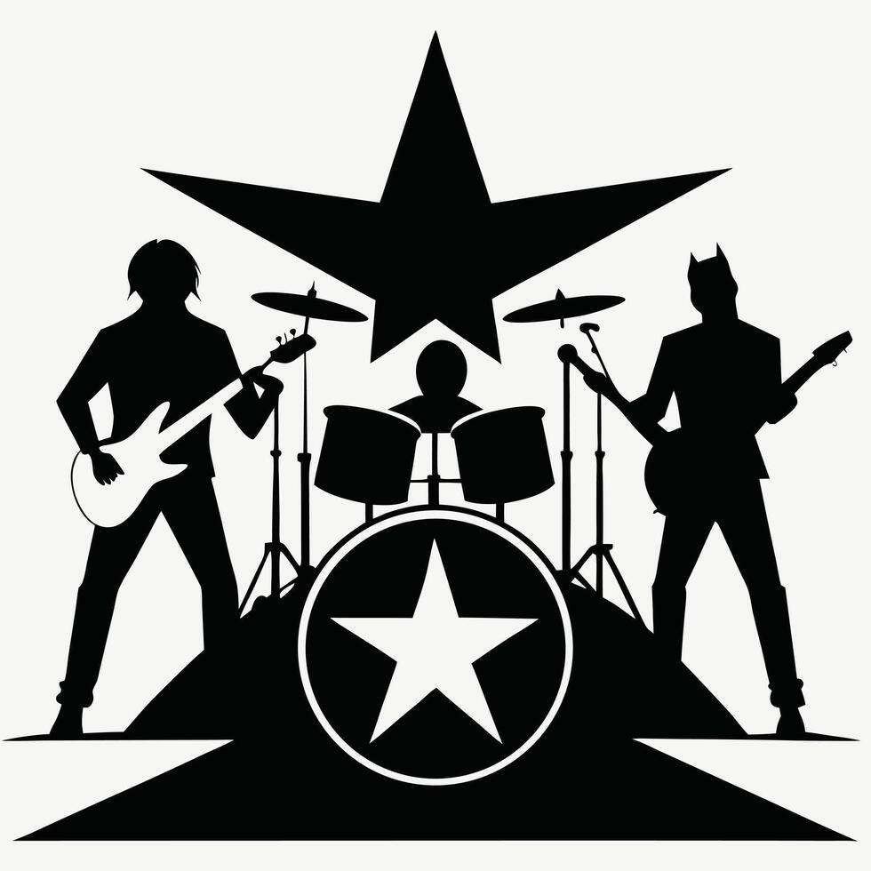 Rock music band silhouette with drummer and guitarists under starry spotlight vector