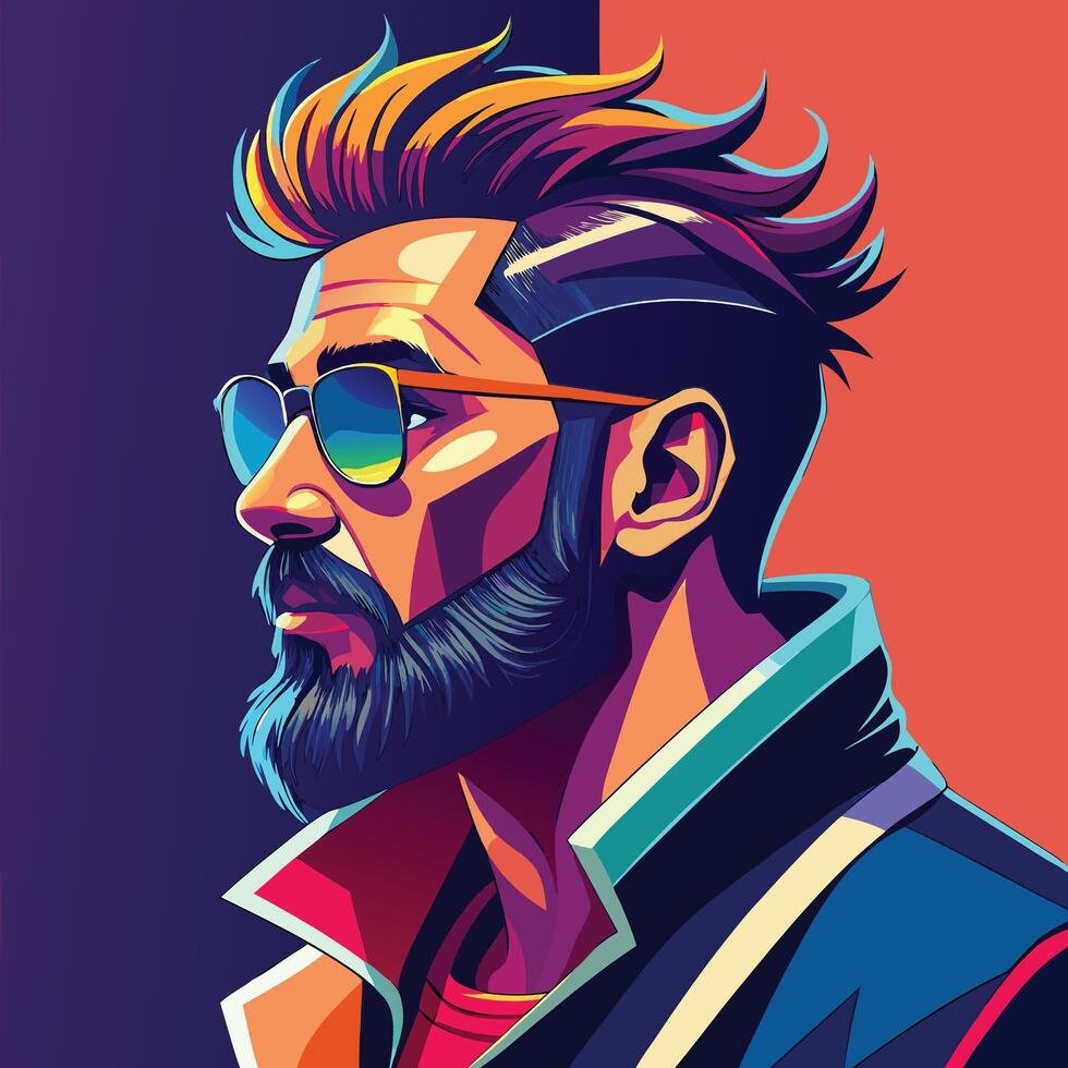 Stylish bearded man portrait in vibrant pop art illustration vector