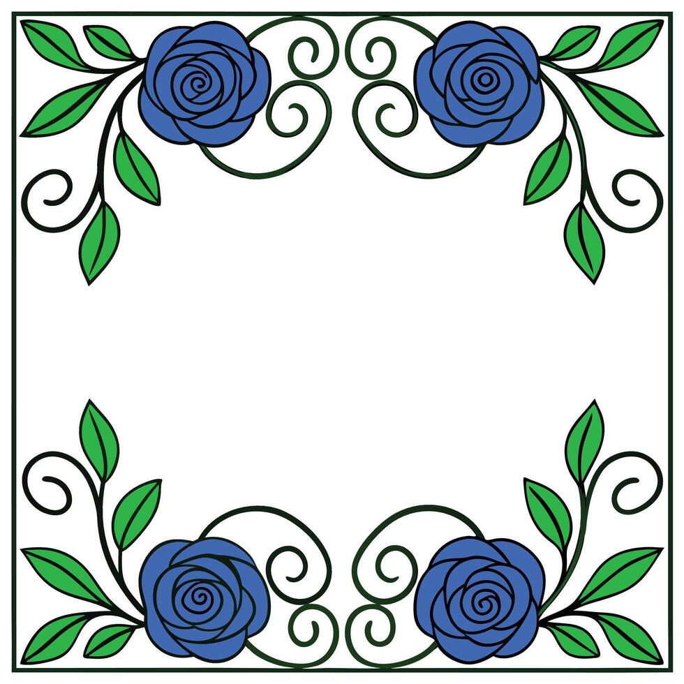 Ornamental frame with blue roses and green leaves floral design background vector