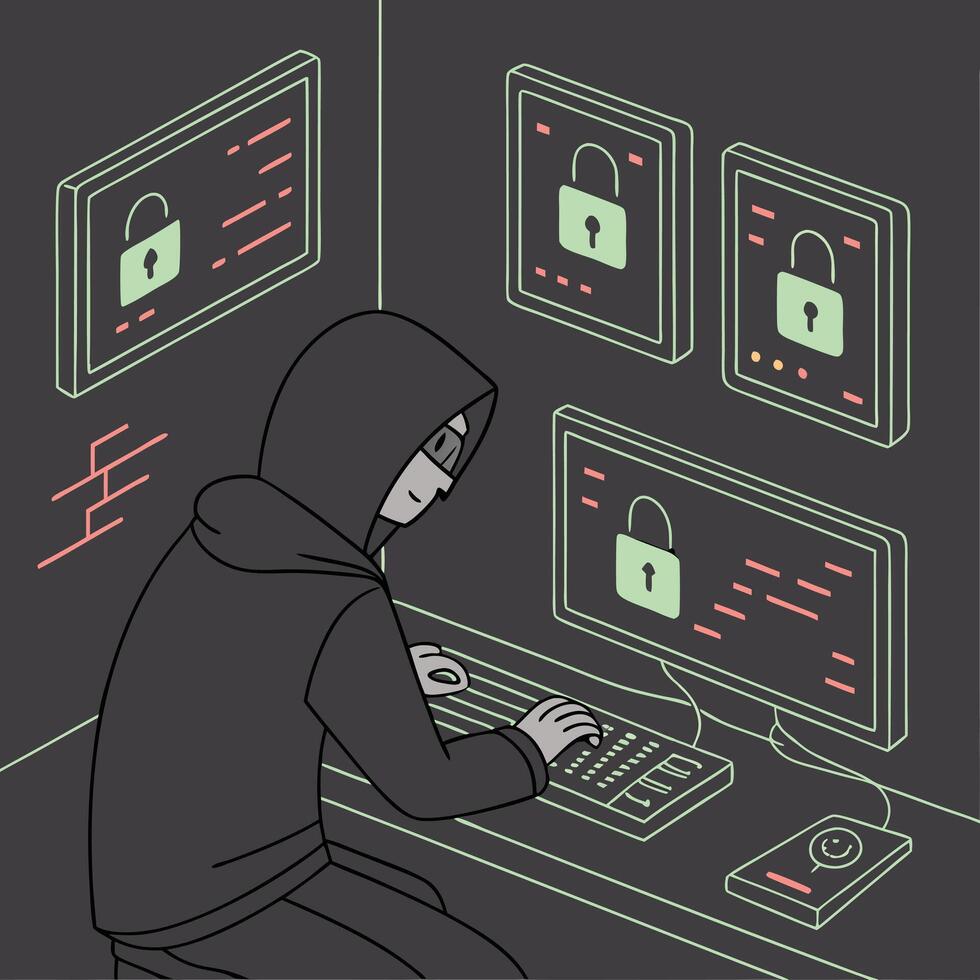 Anonymous hacker in hoodie hacking system with security padlock illustration vector