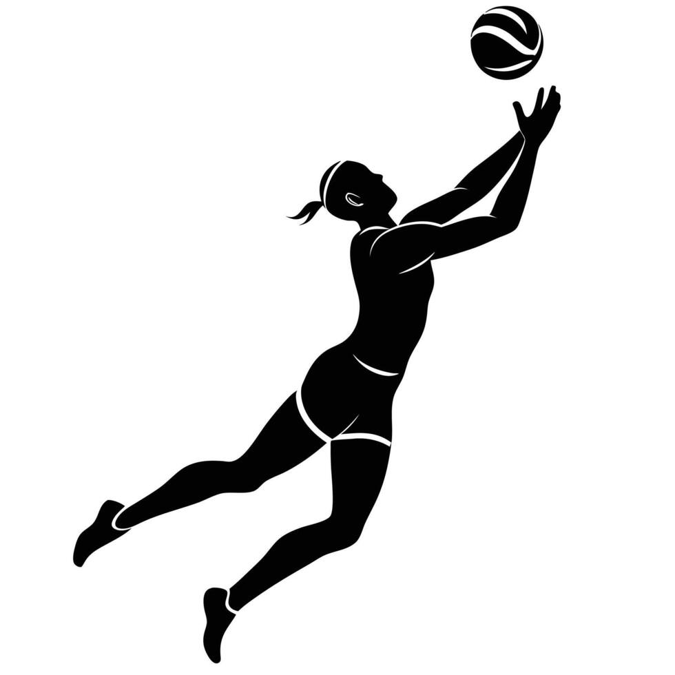 Silhouette of female volleyball player reaching for the ball during a match vector